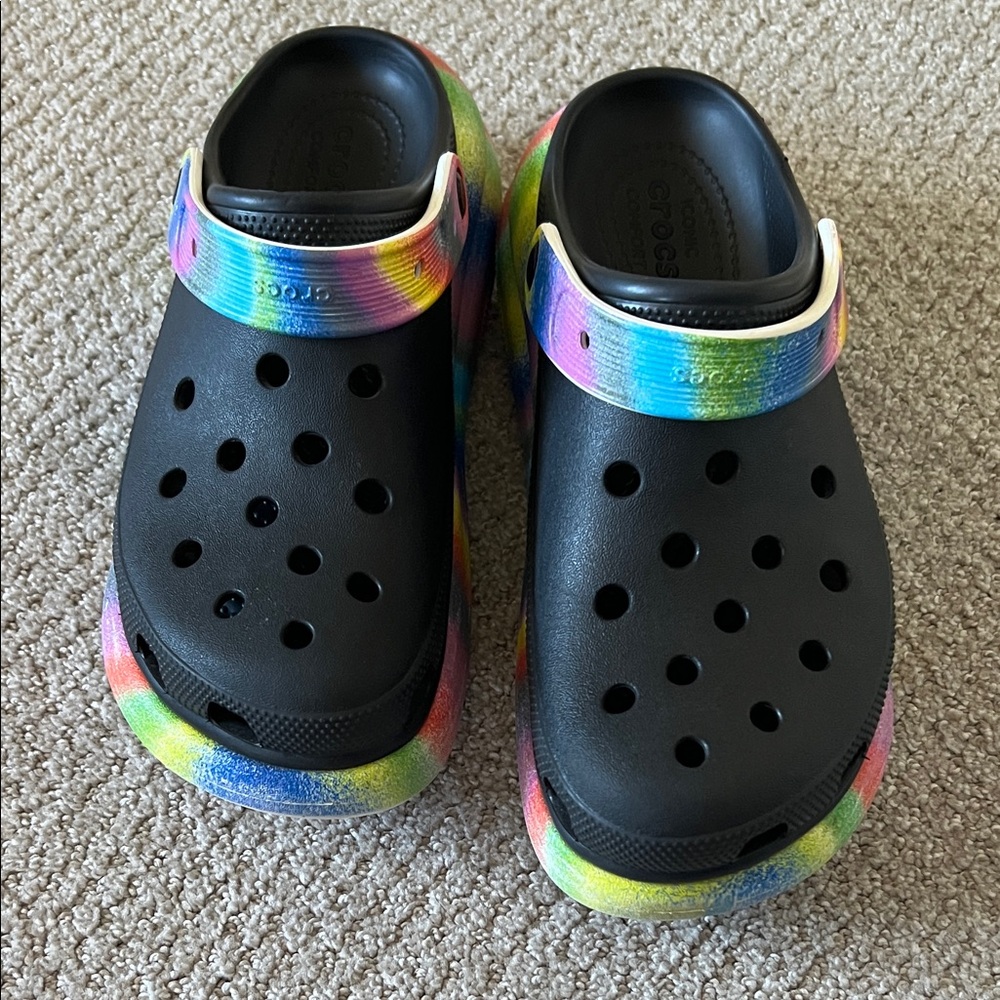 CROCS Classic Platform Black Clog Mules with Tie-Dye Rainbow Trim